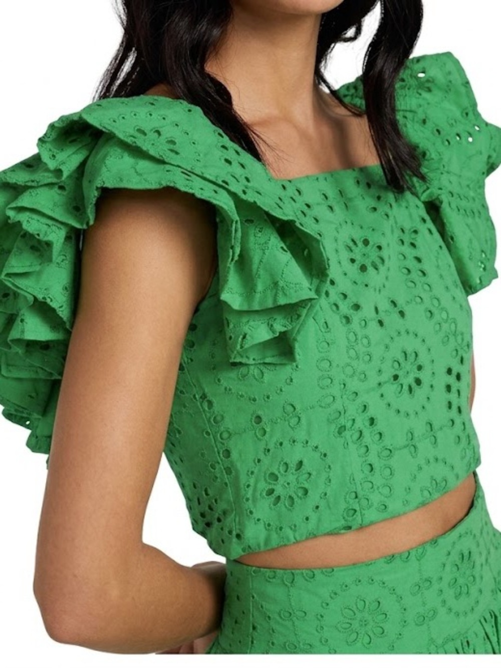 Love Bonfire, The Label - Ruled by Venus Green Eyelet Ruffle Sleeve Crop Top